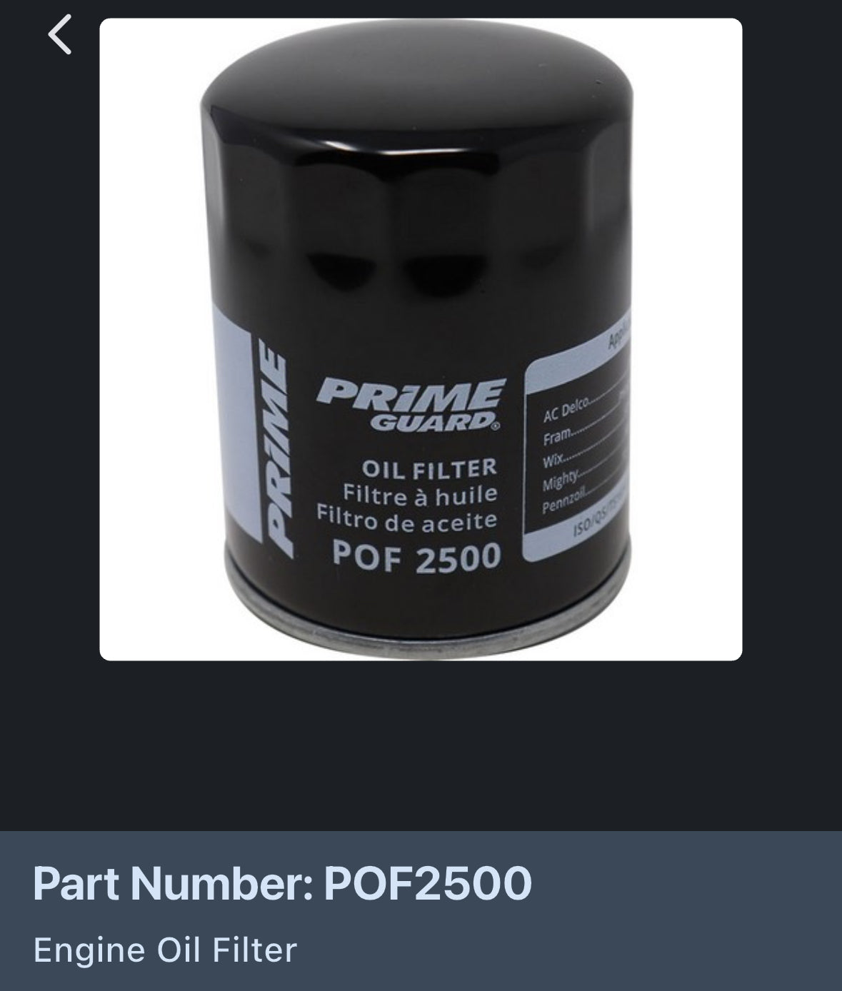 Primeguard oil filter POF 2500